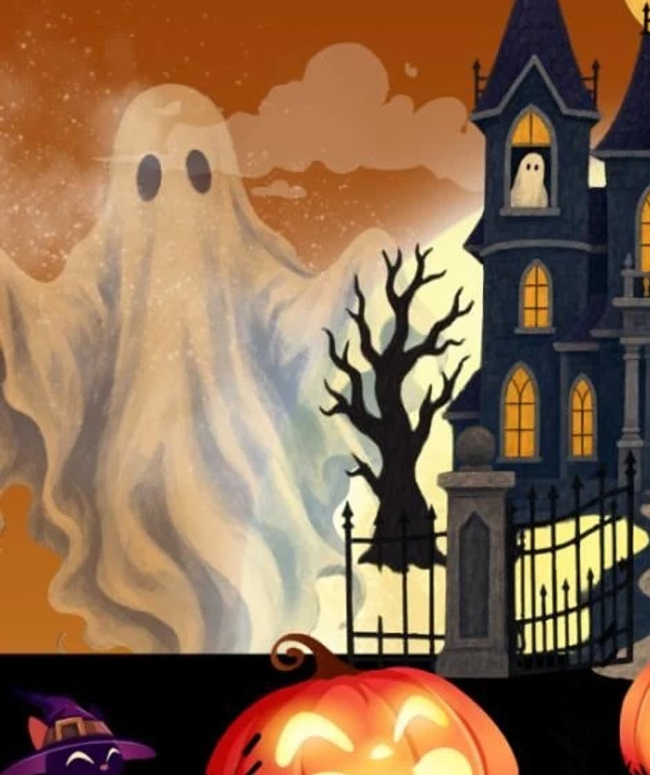 Illustrated ghost drifting beside a bare tree and the mansion's lit tower.