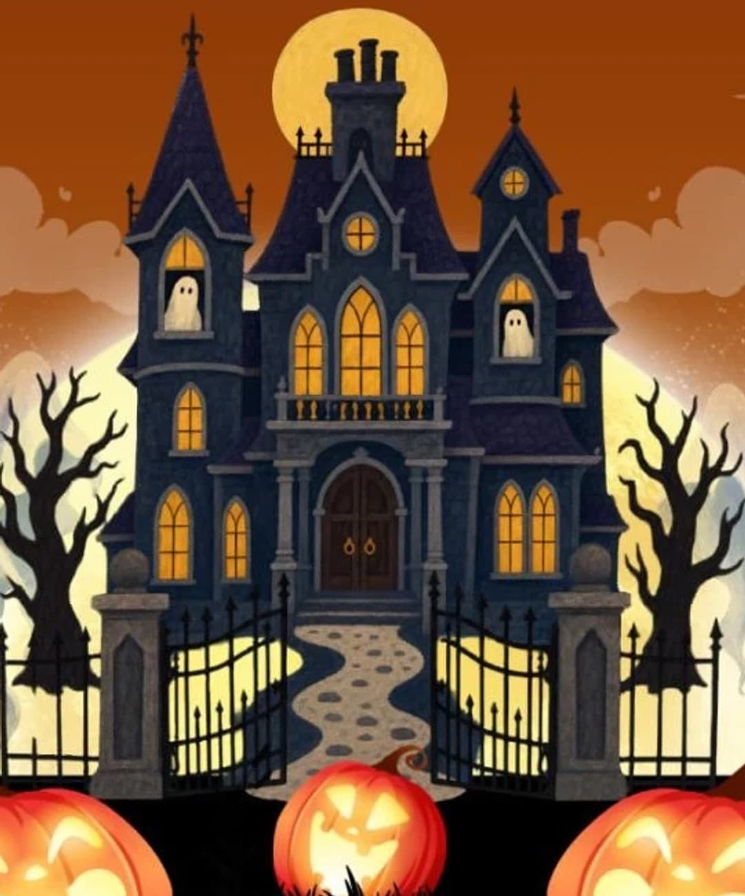 Illustrated haunted mansion with glowing windows, ghosts peeking out, iron gates and a cobbled path.