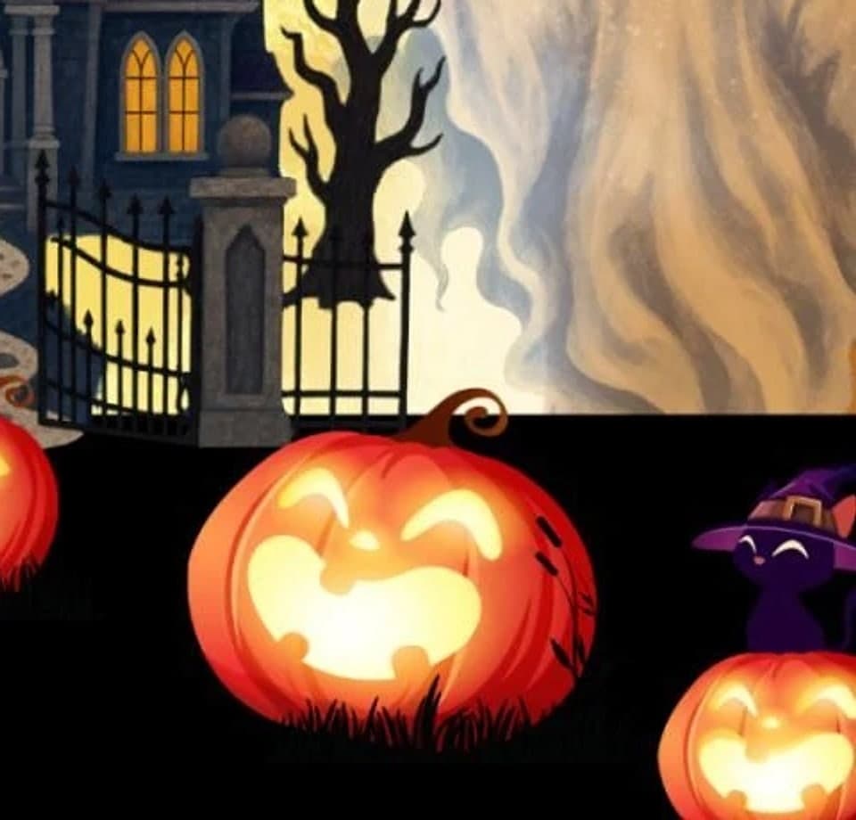 Illustrated jack-o'-lantern by the iron gate, with a cat in a witch hat on another pumpkin.