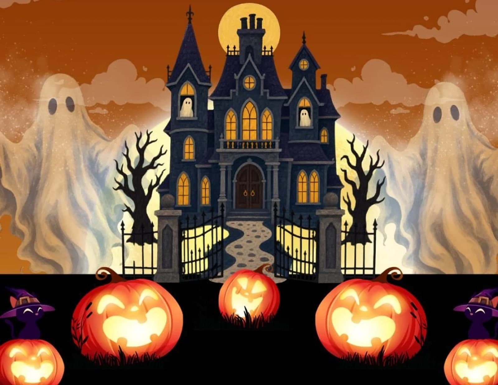 Illustrated haunted mansion under a full moon, flanked by two ghosts, with grinning jack-o'-lanterns along the path.
